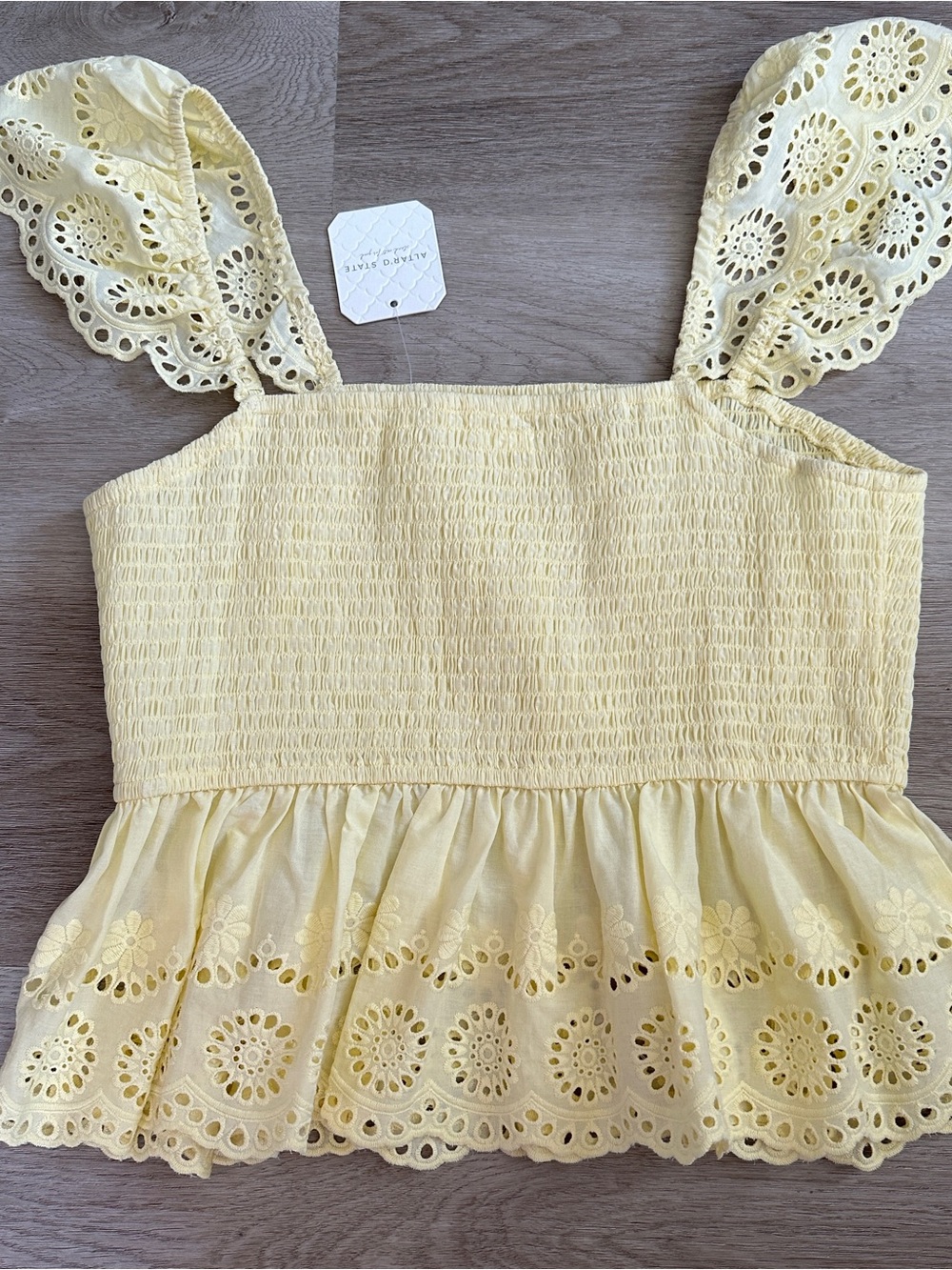 NWT Altar'd State Yellow Smocked Eyelet Ruffle Peplum Tank Top